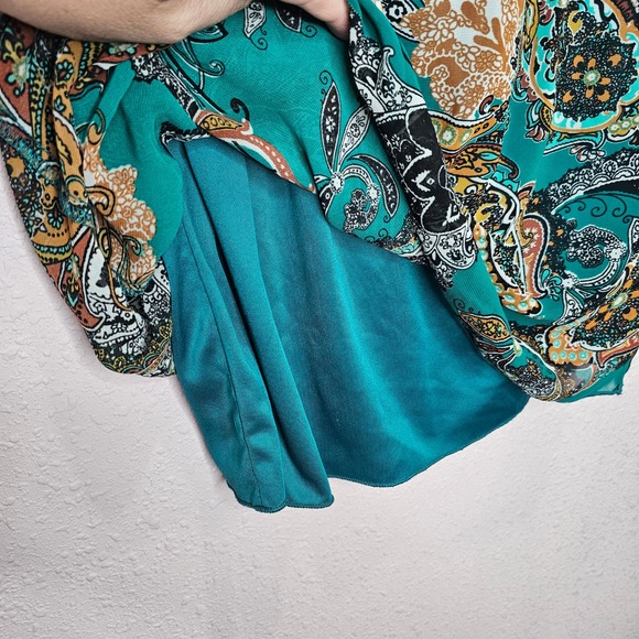 Paisley Print Green Dress Sheer Overlay Sleeveless Party Cocktail Autumn Harvest - Picture 12 of 12